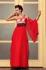 Designer Chiffon One Shoulder Sleeveless Side Zipper Beading Prom Dresses in Red
