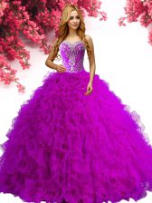 Wonderful Sleeveless Tulle Floor Length Lace Up Sweet 16 Quinceanera Dress in Fuchsia with Beading and Ruffles