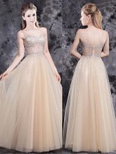 Top Selling Floor Length Champagne Prom Evening Gown V-neck Sleeveless Zipper