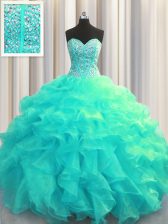 Custom Made Visible Boning Sweetheart Sleeveless Lace Up 15 Quinceanera Dress Aqua Blue Organza