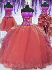  Four Piece Embroidery and Ruffles Vestidos de Quinceanera Watermelon Red Lace Up Sleeveless Floor Length