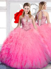 New Arrival Halter Top Floor Length Hot Pink Quinceanera Dress Tulle Sleeveless Beading and Ruffles
