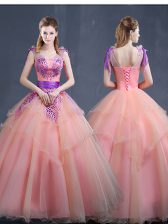 Designer Watermelon Red V-neck Neckline Appliques Quinceanera Gown Sleeveless Lace Up