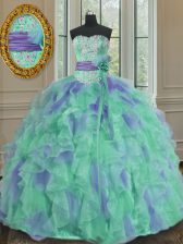  Sleeveless Organza Vestidos de Quinceanera Beading and Appliques and Ruffles and Sashes ribbons and Hand Made Flower Lace Up