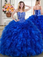 Traditional Royal Blue Ball Gowns Beading and Ruffles 15th Birthday Dress Lace Up Organza Sleeveless With Train