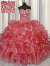Fitting Visible Boning Coral Red Lace Up Quinceanera Dresses Beading and Ruffles Sleeveless Floor Length