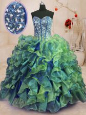 Most Popular Organza Sweetheart Sleeveless Lace Up Beading and Ruffles Quinceanera Dress in Multi-color