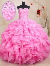 Fantastic Rose Pink Lace Up Sweetheart Beading and Ruffles Vestidos de Quinceanera Organza Sleeveless