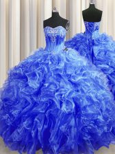 Spectacular Royal Blue Organza Lace Up Sweetheart Sleeveless Sweet 16 Dress Sweep Train Beading and Ruffles