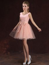 Best V-neck Sleeveless Dama Dress for Quinceanera Mini Length Lace and Bowknot Peach Tulle and Lace