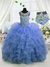  Light Blue Scoop Lace Up Beading and Ruffled Layers Little Girl Pageant Dress Sleeveless