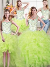 Glittering Four Piece Floor Length Yellow Green Sweet 16 Quinceanera Dress Straps Sleeveless Lace Up