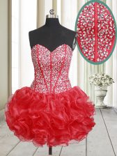  Red Sleeveless Beading and Ruffles Mini Length Prom Party Dress