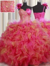  Multi-color Lace Up One Shoulder Beading and Ruffles and Hand Made Flower Quinceanera Gown Organza and Tulle Sleeveless