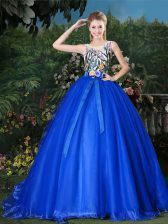  Royal Blue Sweet 16 Dress Military Ball and Sweet 16 and Quinceanera with Appliques and Belt Scoop Sleeveless Brush Train Zipper