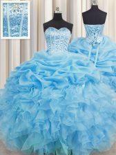 Fancy Visible Boning Baby Blue Lace Up Sweet 16 Dresses Beading and Ruffles and Pick Ups Sleeveless Floor Length