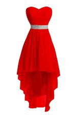  Red Empire Belt Prom Evening Gown Lace Up Organza Sleeveless High Low