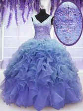  Organza Sleeveless Floor Length 15th Birthday Dress and Beading and Embroidery and Ruffles