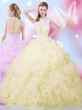  Light Yellow Organza Lace Up Quinceanera Gowns Sleeveless Floor Length Beading and Ruffles and Pick Ups