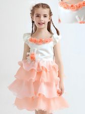Trendy Peach Scoop Zipper Ruffled Layers and Hand Made Flower Toddler Flower Girl Dress Cap Sleeves