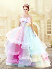 Sleeveless Floor Length Ruffled Layers and Hand Made Flower Zipper Homecoming Dress with Multi-color