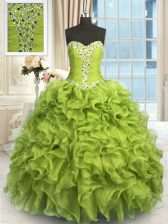 Attractive Floor Length Lace Up Quinceanera Gown Yellow Green for Military Ball and Sweet 16 and Quinceanera with Beading and Ruffles