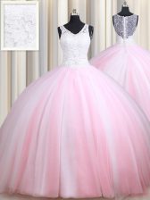 Exceptional Ball Gowns Vestidos de Quinceanera Pink And White Straps Tulle Sleeveless Floor Length Zipper