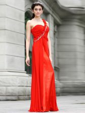  One Shoulder Sleeveless Chiffon Floor Length Zipper Evening Dress in Coral Red with Beading and Hand Made Flower