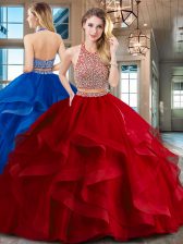  Red Backless Halter Top Beading and Ruffles 15 Quinceanera Dress Tulle Sleeveless Brush Train