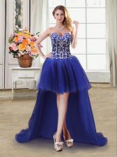  Royal Blue Tulle Lace Up Prom Party Dress Sleeveless High Low Beading and Sequins