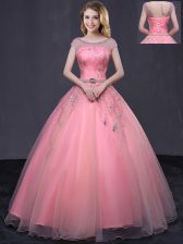 Comfortable Scoop Floor Length Watermelon Red Quinceanera Dress Tulle Cap Sleeves Beading and Belt