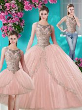 Artistic Three Piece Scoop Sleeveless Lace Up Quince Ball Gowns Peach Tulle