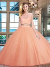  Peach Tulle Zipper Scoop Cap Sleeves Floor Length Quinceanera Dress Beading and Appliques