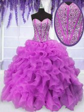  Ball Gowns Quince Ball Gowns Fuchsia Sweetheart Organza Sleeveless Floor Length Lace Up