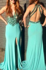 Top Selling Sleeveless Chiffon With Train Sweep Train Backless in Turquoise with Beading