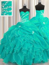  Turquoise Organza Lace Up Sweetheart Sleeveless Floor Length Quinceanera Gown Beading and Appliques and Ruffles