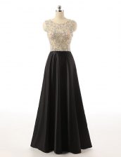 Decent Scoop Sleeveless Satin Floor Length Side Zipper Prom Party Dress in Black with Beading