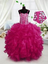  Hot Pink Organza Lace Up Spaghetti Straps Sleeveless Floor Length Girls Pageant Dresses Beading and Ruffles