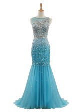 Affordable Mermaid With Train Blue Prom Dresses Tulle Sweep Train Sleeveless Beading