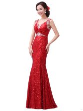 Customized Red Sleeveless Sequins Floor Length Prom Dress