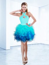Edgy Halter Top Knee Length Zipper Prom Dress Aqua Blue for Prom and Party with Ruffles and Ruching and Belt