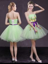 Simple Organza Lace Up Strapless Sleeveless Mini Length Prom Dresses Appliques and Belt