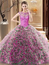 Extravagant Multi-color Fabric With Rolling Flowers Lace Up Scoop Sleeveless Sweet 16 Dresses Sweep Train Beading