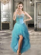 Colorful Sweetheart Sleeveless Evening Dress High Low Beading and Ruffles Teal Tulle