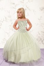 Simple Strapless Sleeveless Kids Pageant Dress Floor Length Beading Apple Green Tulle