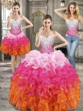 Flare Three Piece Beading Sweet 16 Quinceanera Dress Multi-color Lace Up Sleeveless Floor Length
