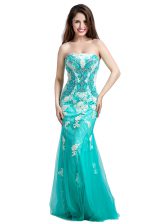  Mermaid Turquoise Zipper Prom Gown Beading and Appliques Sleeveless Floor Length