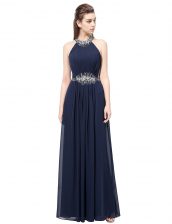 Romantic Scoop Navy Blue Column/Sheath Beading Prom Gown Side Zipper Chiffon Sleeveless Floor Length