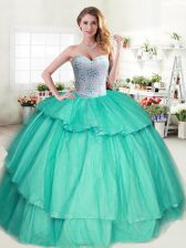 Chic Apple Green Ball Gowns Tulle Sweetheart Sleeveless Beading and Ruffled Layers Floor Length Lace Up Ball Gown Prom Dress