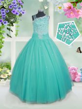 Perfect Turquoise Zipper Little Girls Pageant Gowns Beading Sleeveless Floor Length